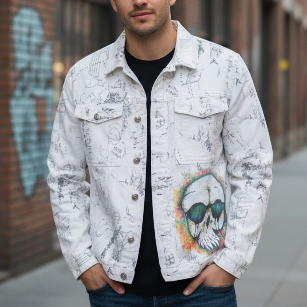 Zara Denim Jacket Colorful Skull Graphic Graffiti Men's Large